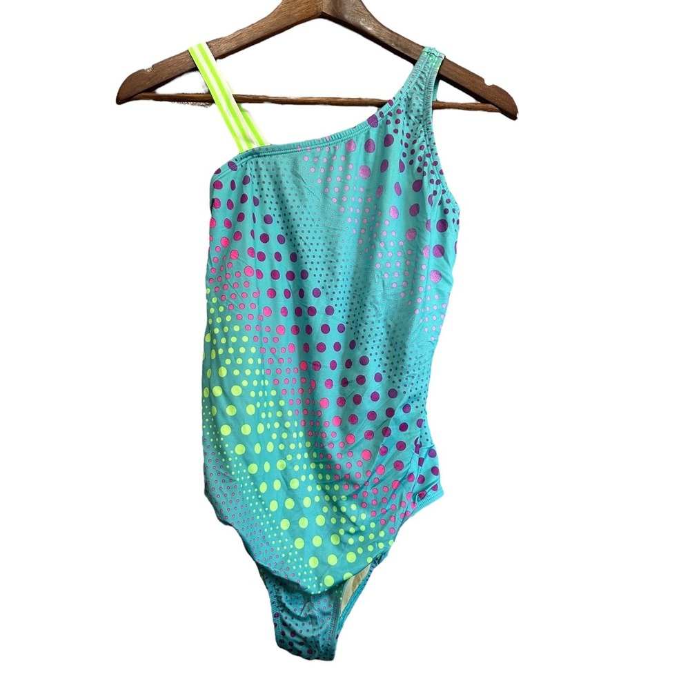 Lands End Girls One Piece Swimsuit Size 16 Turquoise Polka Dot Swimwear